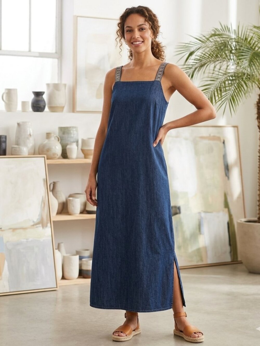 Studio Ease Maxi Dress Size 10 Blue Denim W2J1600 Embroidery Made In USA VTG